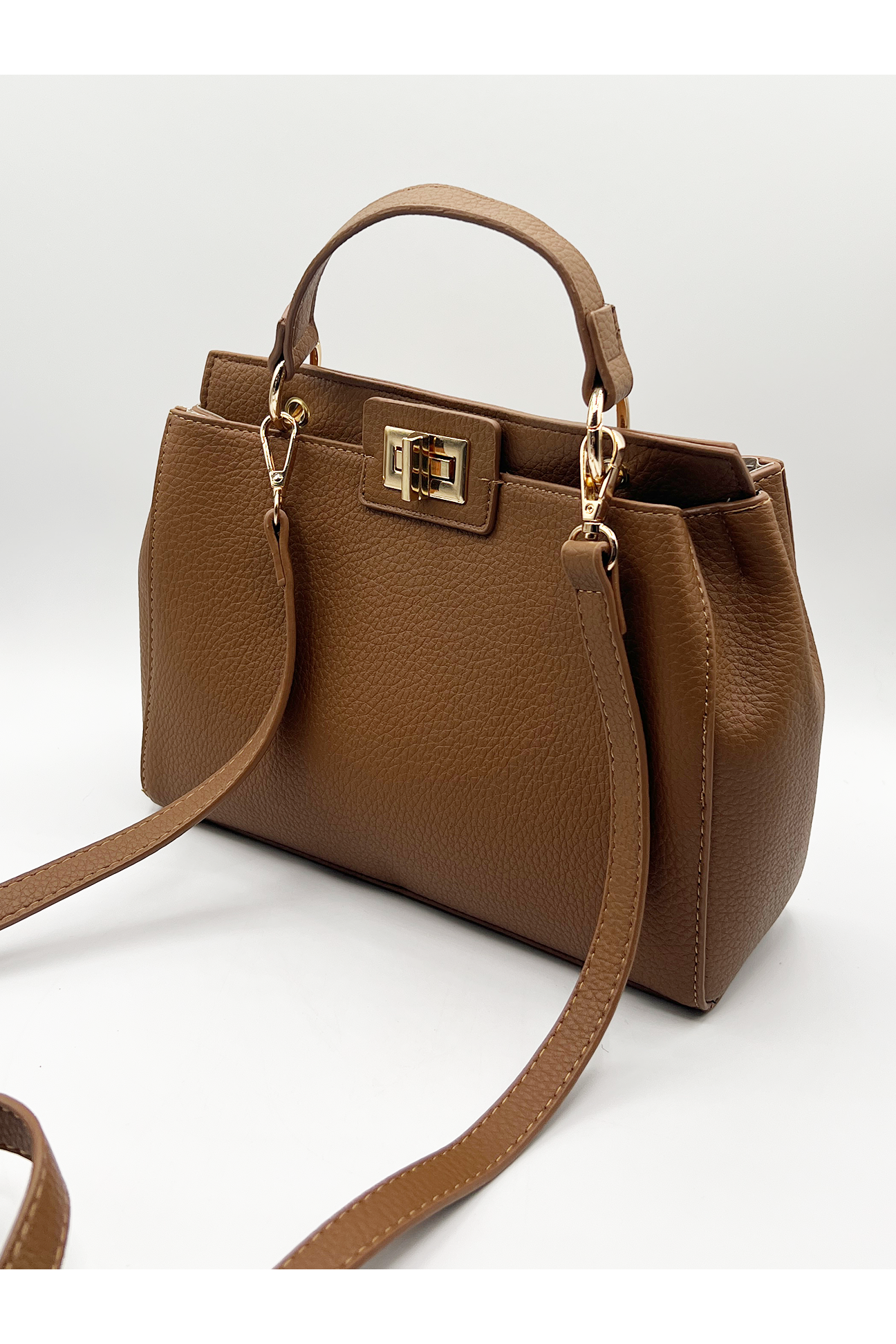 Brown Faux Leather Handbag With Gold Trim HB324606