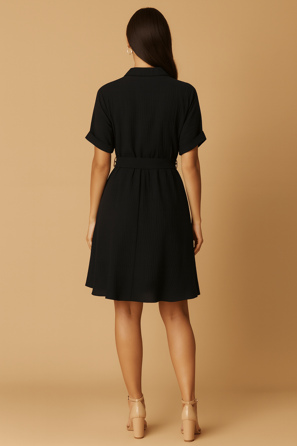 Black Stylish Circle Buckle Waist Belt Collared A-Line Dress AV-IMD2505BLK