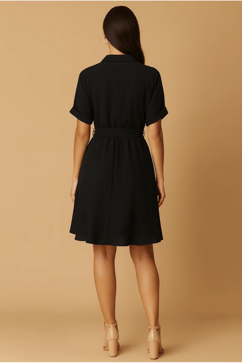 Black Stylish Circle Buckle Waist Belt Collared A-Line Dress AV-IMD2505BLK
