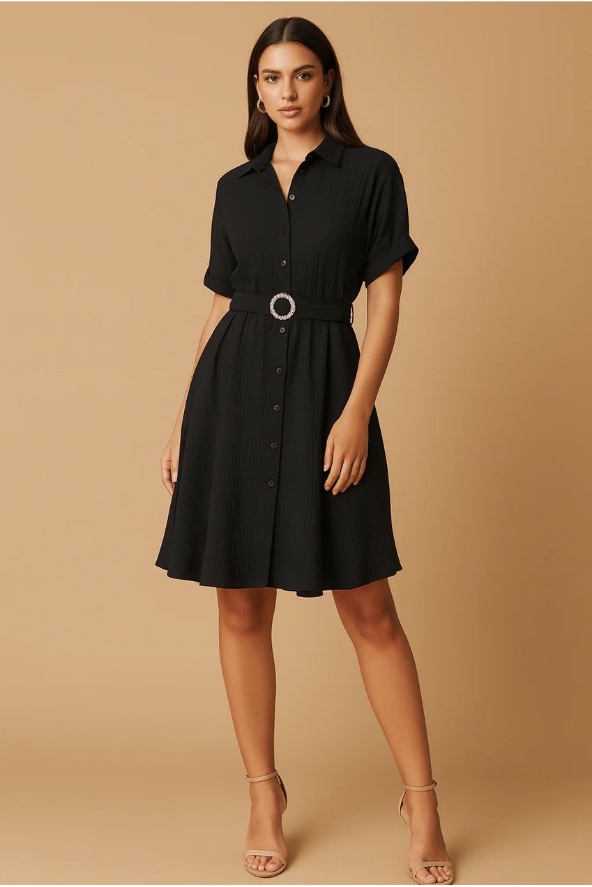 Black Stylish Circle Buckle Waist Belt Collared A-Line Dress AV-IMD2505BLK