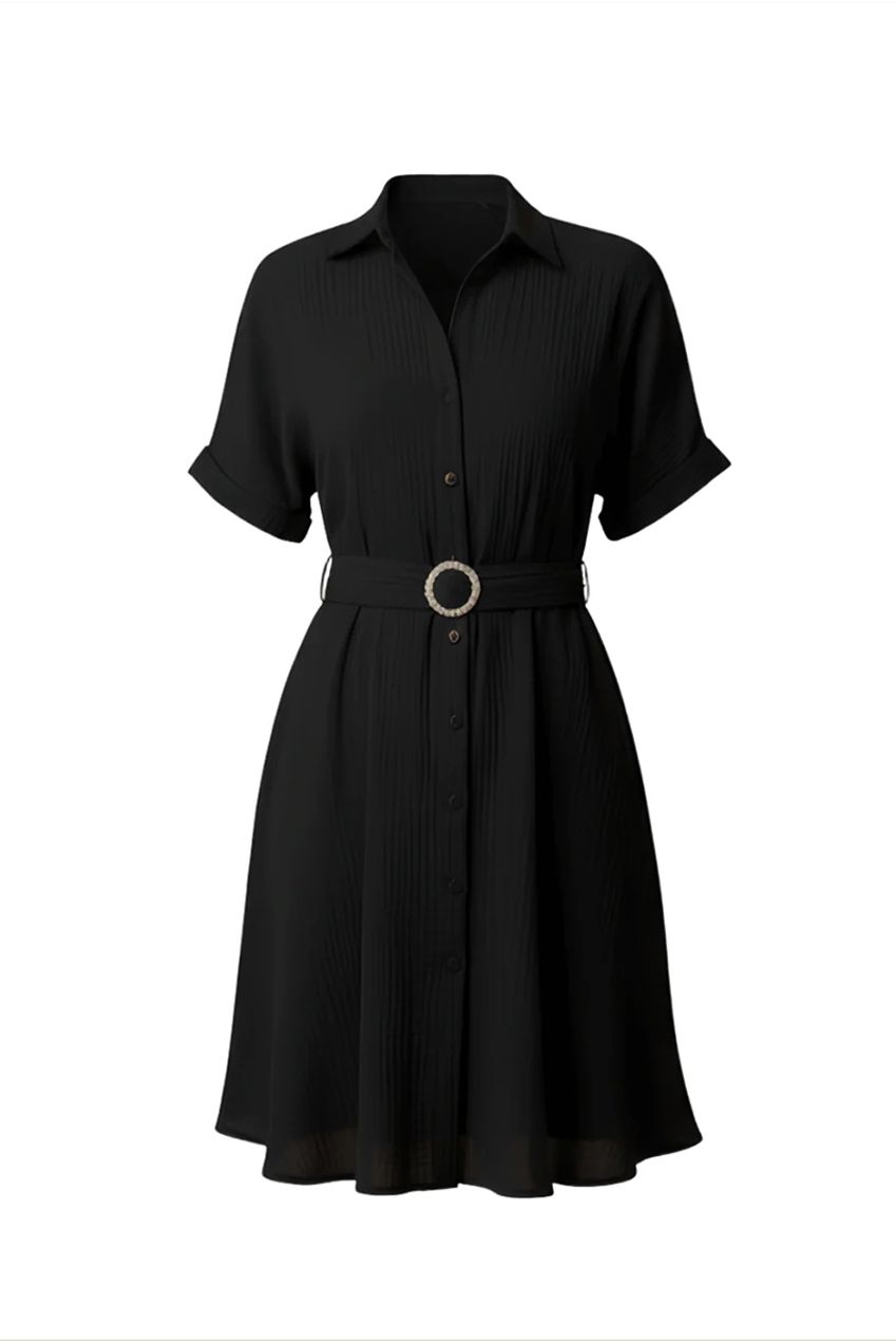 Black Stylish Circle Buckle Waist Belt Collared A-Line Dress AV-IMD2505BLK