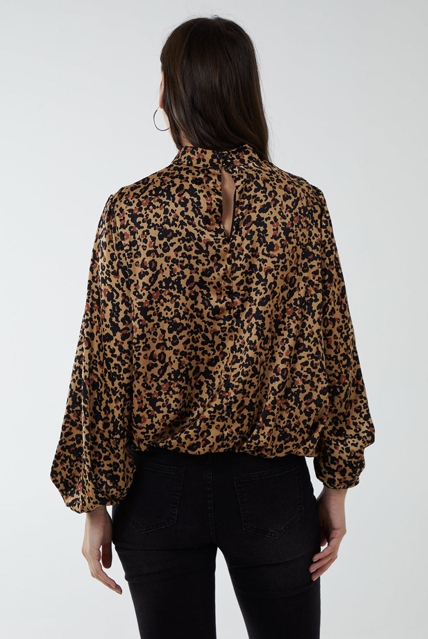 High Neck Leopard Print Satin Blouson Top BV222407025
