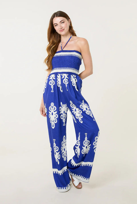 Halter Neck Shirred Waist Jumpsuit by Blue Vanilla