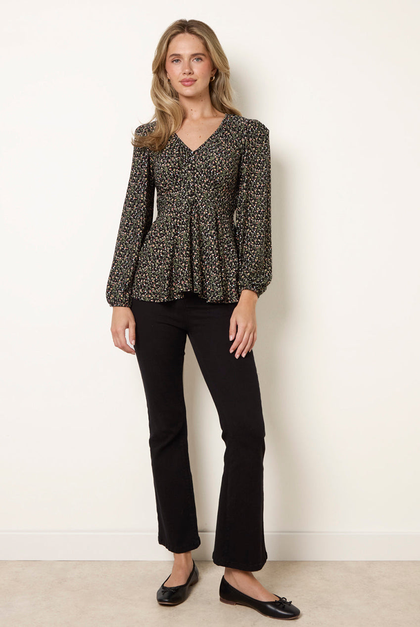 V Neck Button Front Peplum Top BV261404091