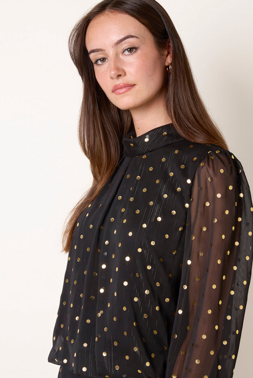 Metallic Polka Dot Puff Ball Blouse BV261416003