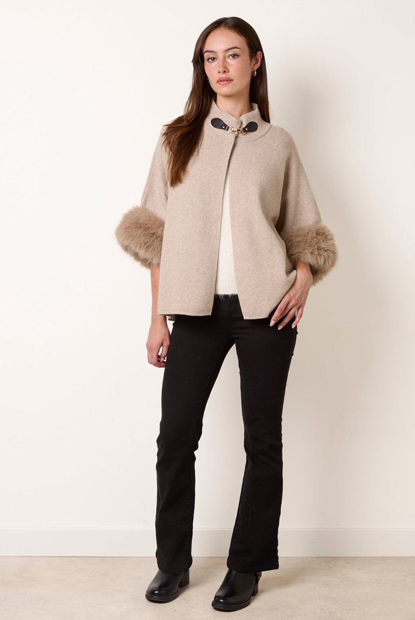 Faux Fur Cuff Funnel Neck Poncho BV261527309