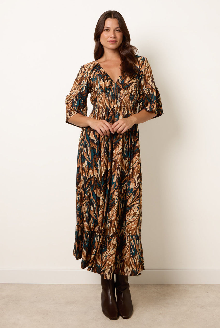 Elasticated Shirred Waist V Neck Midi Dress BV261812030