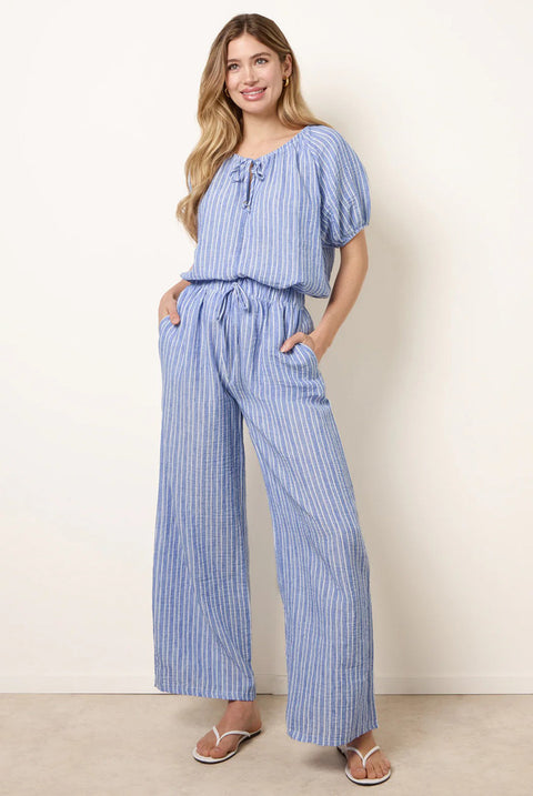 Tie Waist Stripe Wide Leg Trousers by Blue Vanilla