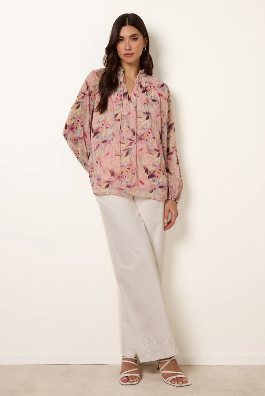 Watercolour Floral Printed Tie Front Blouse BV269404020