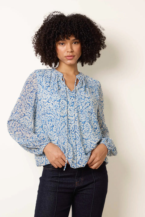 Grandad Tie Neck Puff Hem Watercolour Blouse by Blue Vanilla