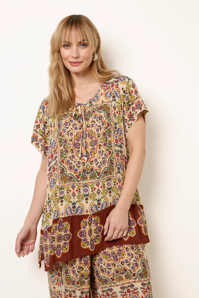 Paisley Print Embellished Tie Front Top BV269416063