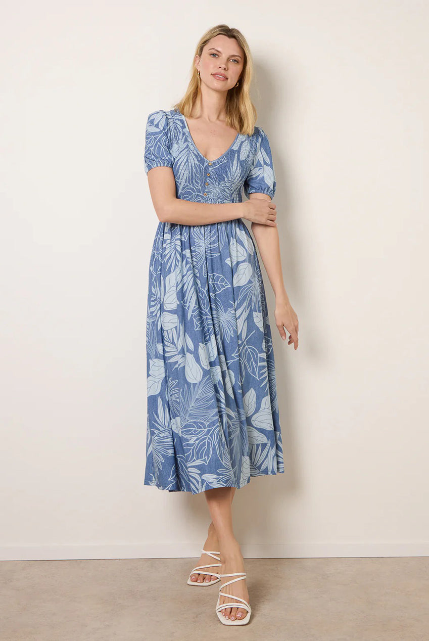 Shirred Button V Neck Midi Dress BV269828018