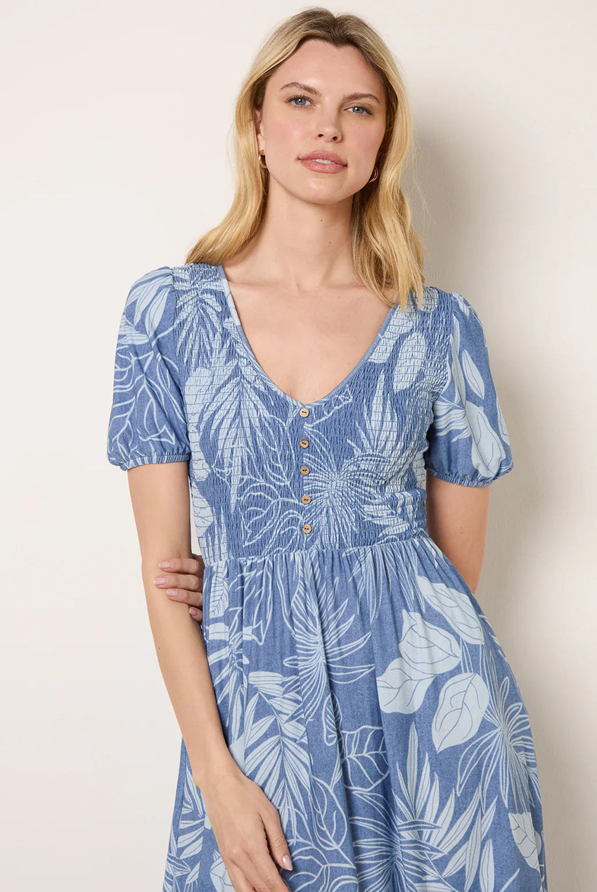 Shirred Button V Neck Midi Dress BV269828018