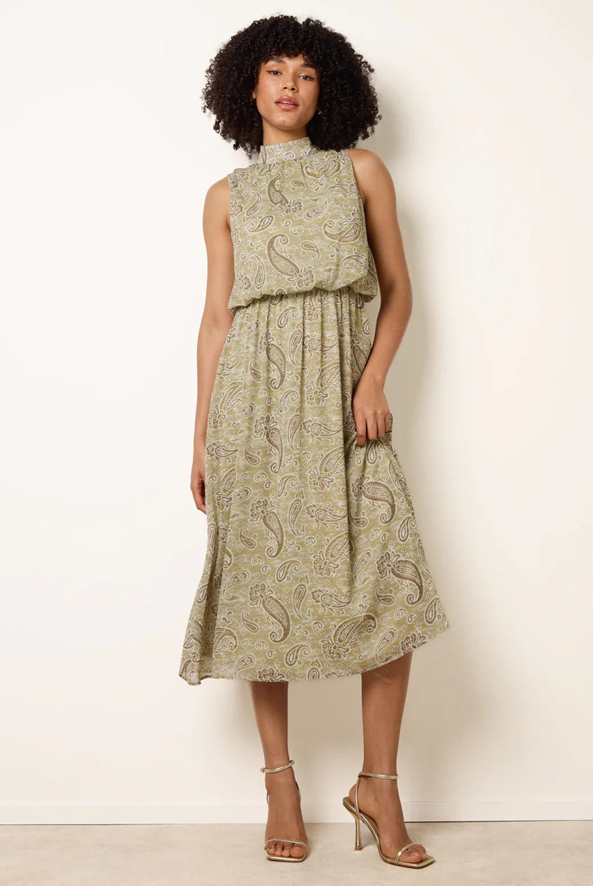 Paisley Print Rhinestone High Neck Midi Dress BV269851056