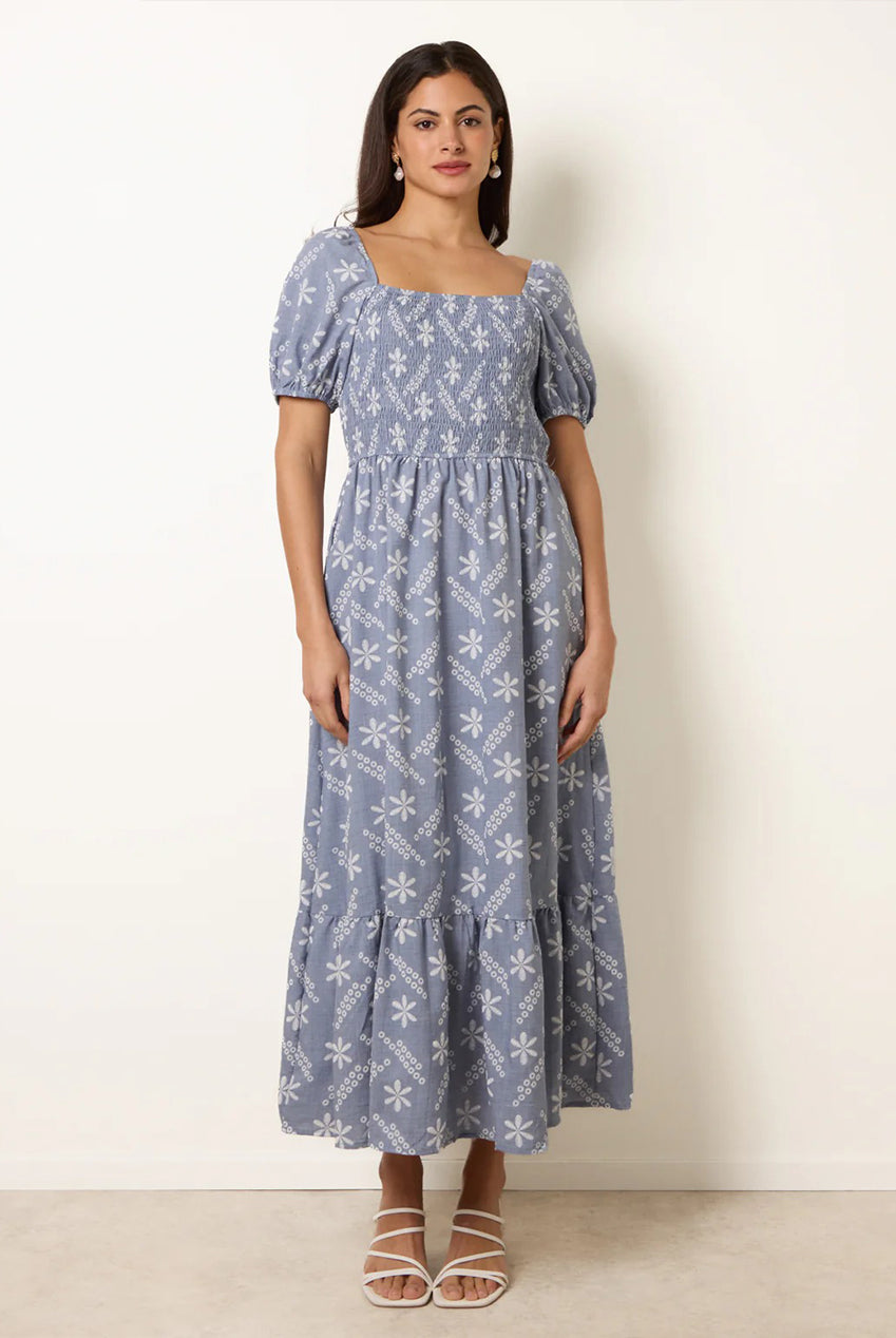 Embroidery Puff Sleeve Midi Dress BV269853002