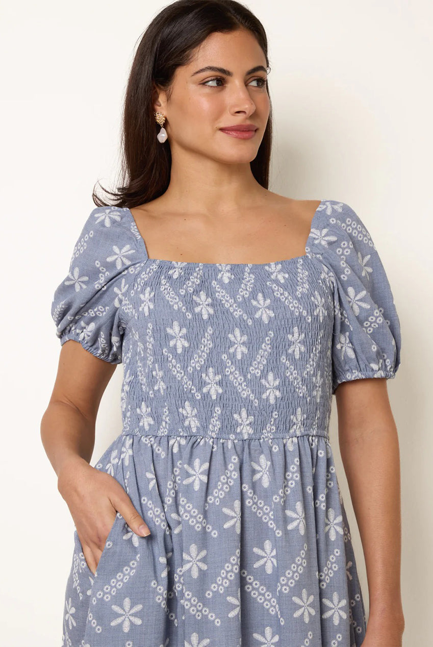 Embroidery Puff Sleeve Midi Dress BV269853002