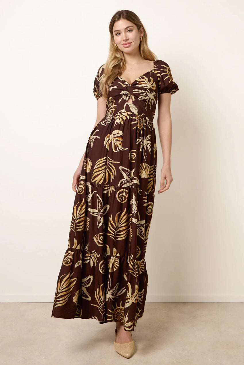 Shell Knot Front Puff Sleeve Midi Dress BV269854030