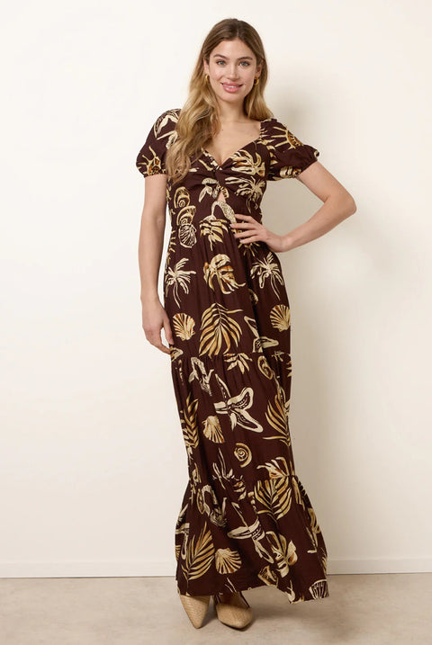Shell Knot Front Puff Sleeve Midi Dress by Blue Vanilla