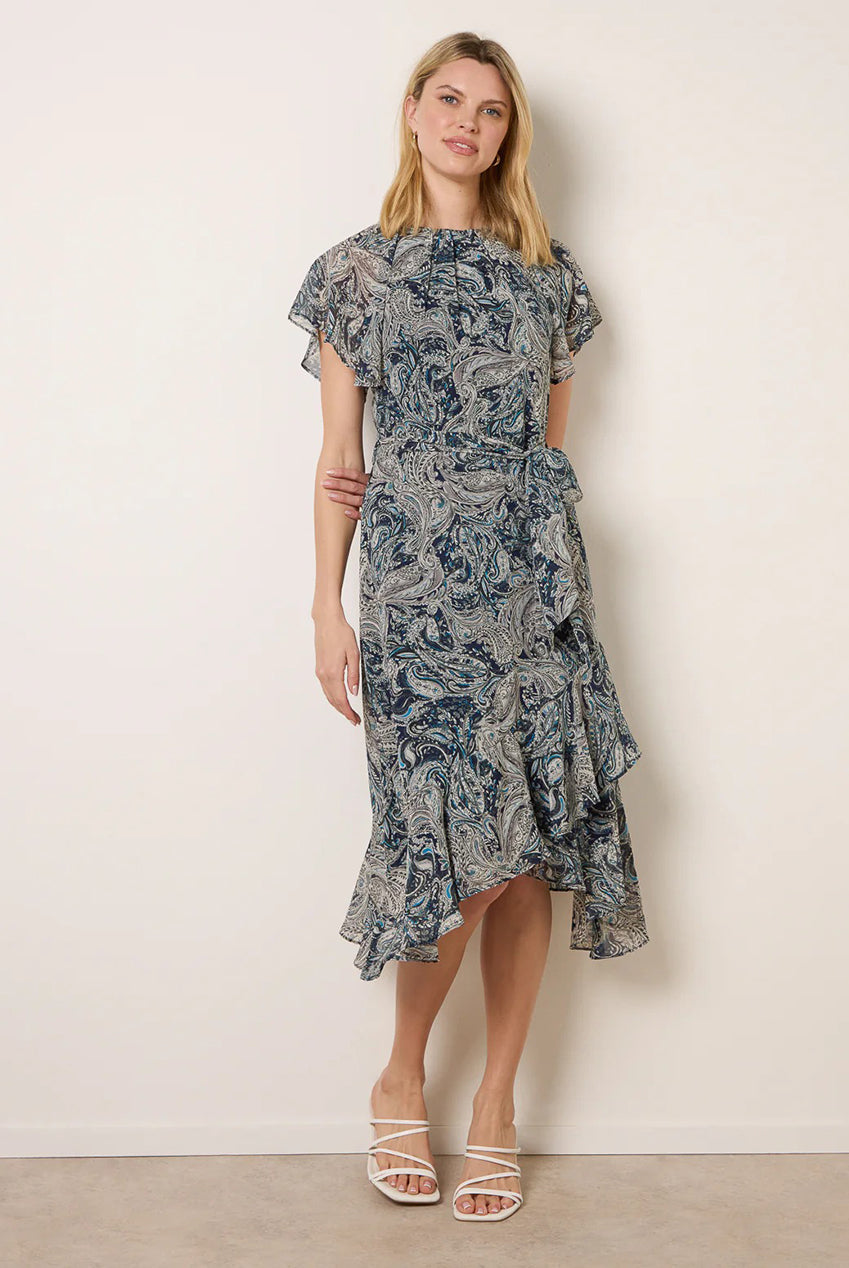 Paisley Print Angel Sleeve Asymmetric Midi Dress BV269864008