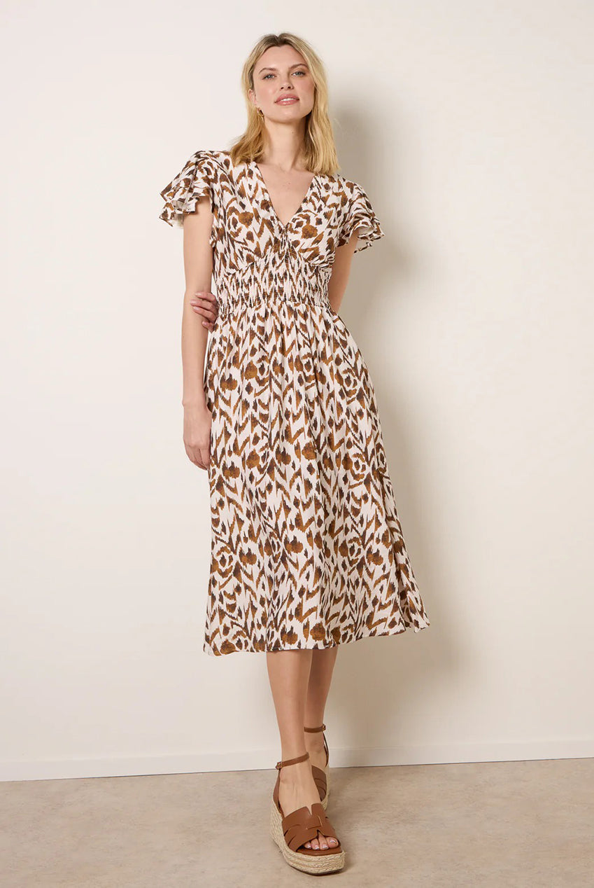Printed V Neck Frill Sleeve Midi Dress BV269865004