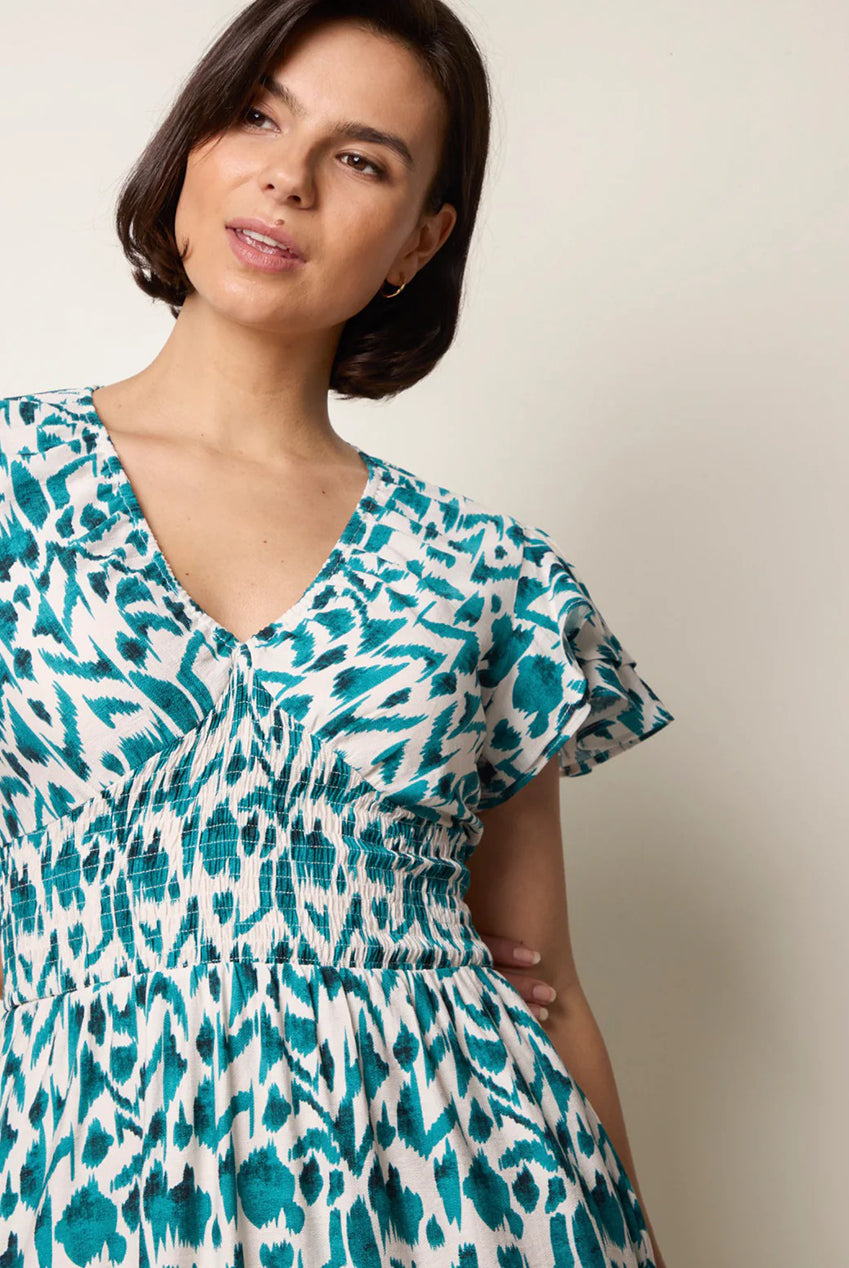 Printed V Neck Frill Sleeve Midi Dress BV269865043