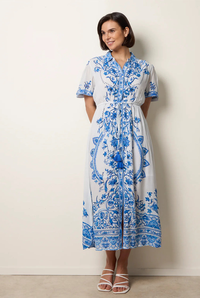 Floral Blue Print Drawstring Dress BV269868002