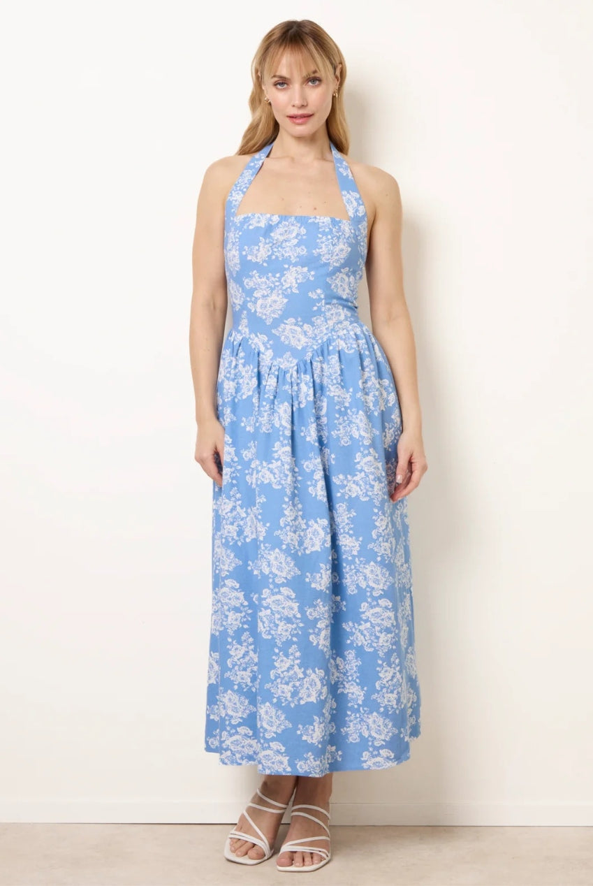 Ditsy Floral V Waist Halter Midi Dress BV269881002