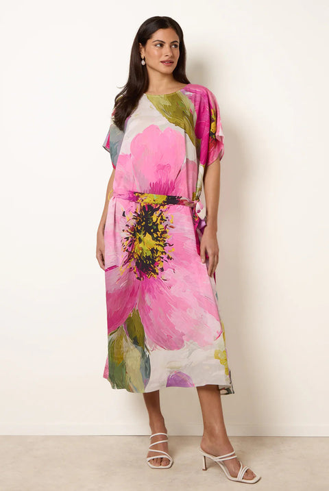 Painterly Floral Tie Waist Midi Dress by Blue Vanilla