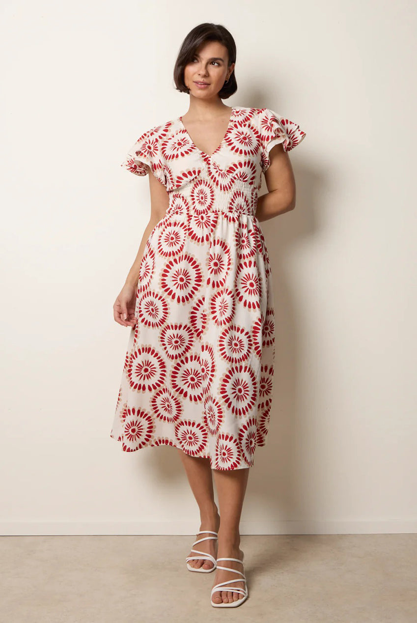 V Neck Frill Sleeve Printed Midi Dress BV269926153