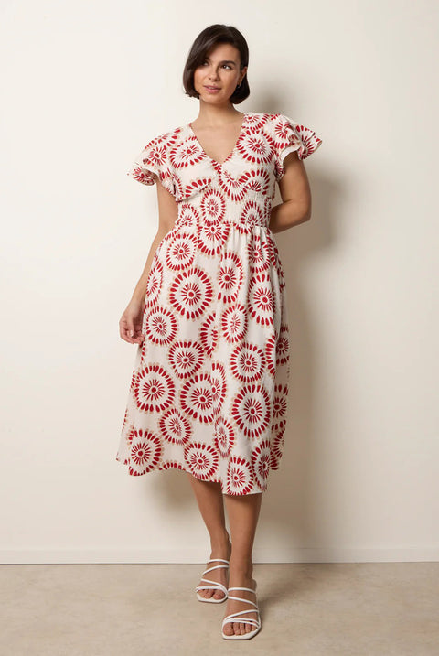 V Neck Frill Sleeve Printed Midi Dress by Blue Vanilla