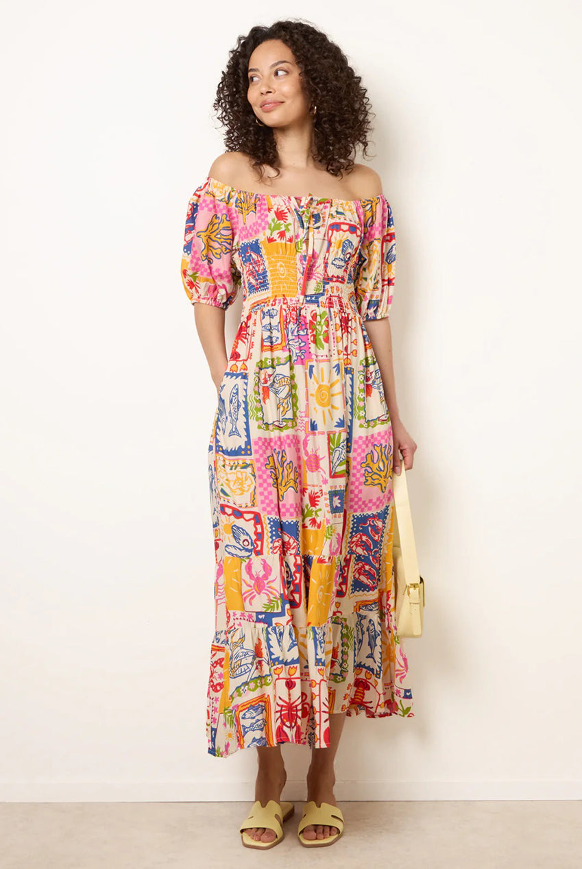 Postcard Tie Front Bardot Shirred Midi Dress BV269929063
