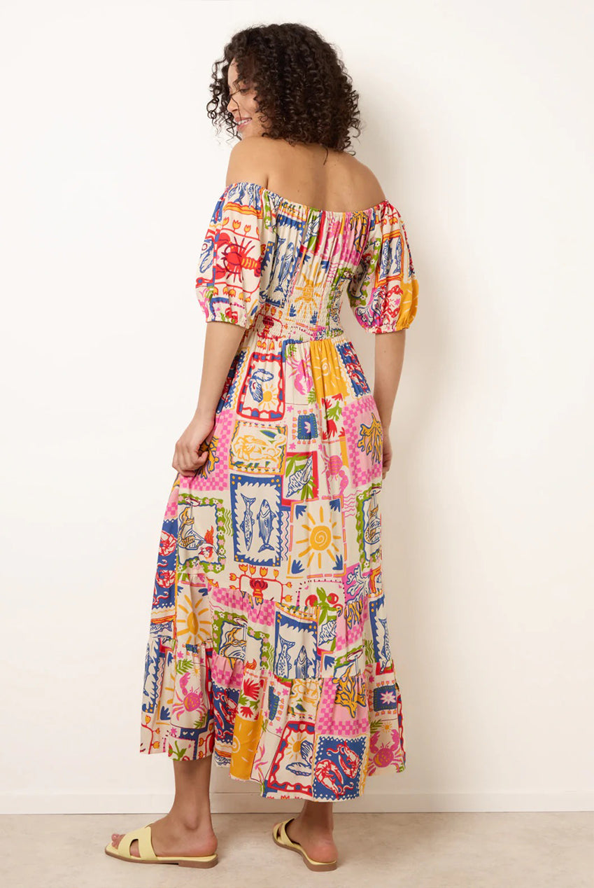 Postcard Tie Front Bardot Shirred Midi Dress BV269929063