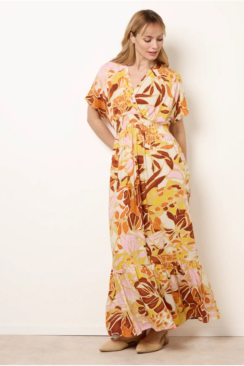 Tropical V Front Shirred Waist Maxi Dress BV269973063