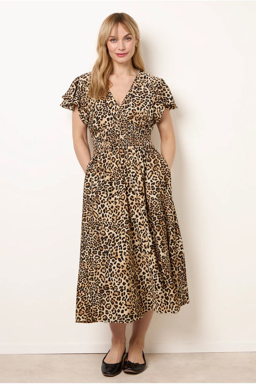Animal Double Frill Shirred Waist Midi Dress BV269979025