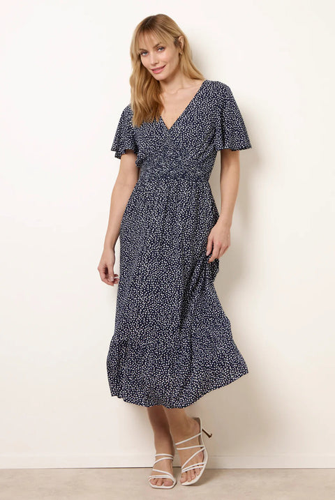 Angel Sleeve Shirred Waist Tier Hem Midi Dress by Blue Vanilla