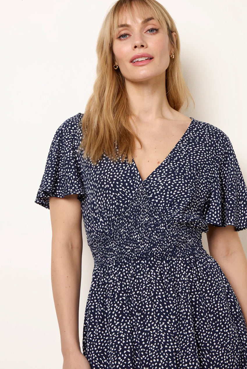 Angel Sleeve Shirred Waist Tier Hem Midi Dress BV269980008