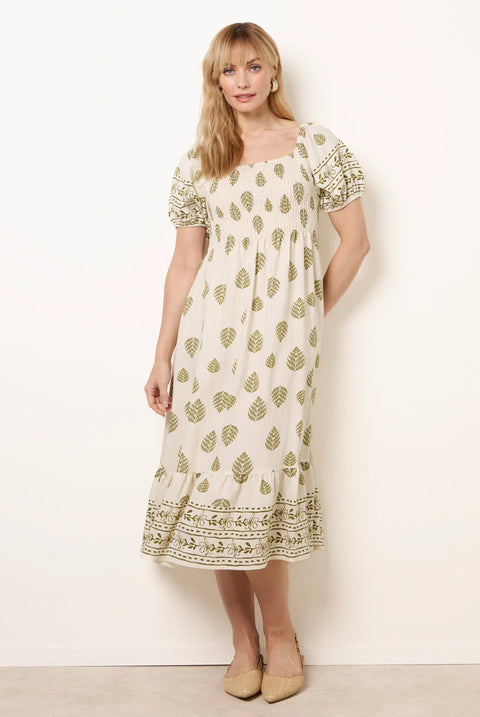 Square Neck Puff Sleeve Shirred Border Midi Dress by Blue Vanilla