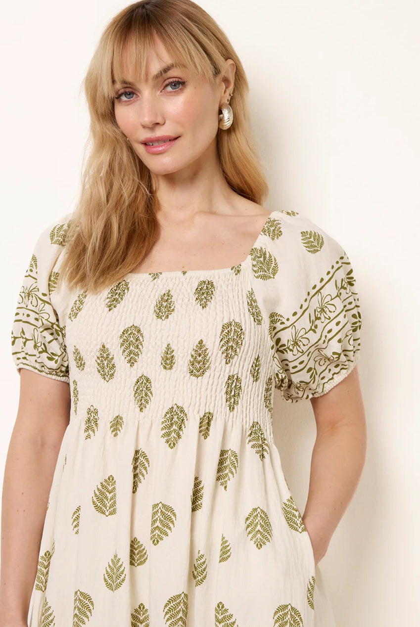 Square Neck Puff Sleeve Shirred Border Midi Dress BV269981023