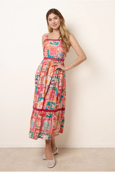 Ric Rac Trim Postcard Print Dress by Blue Vanilla
