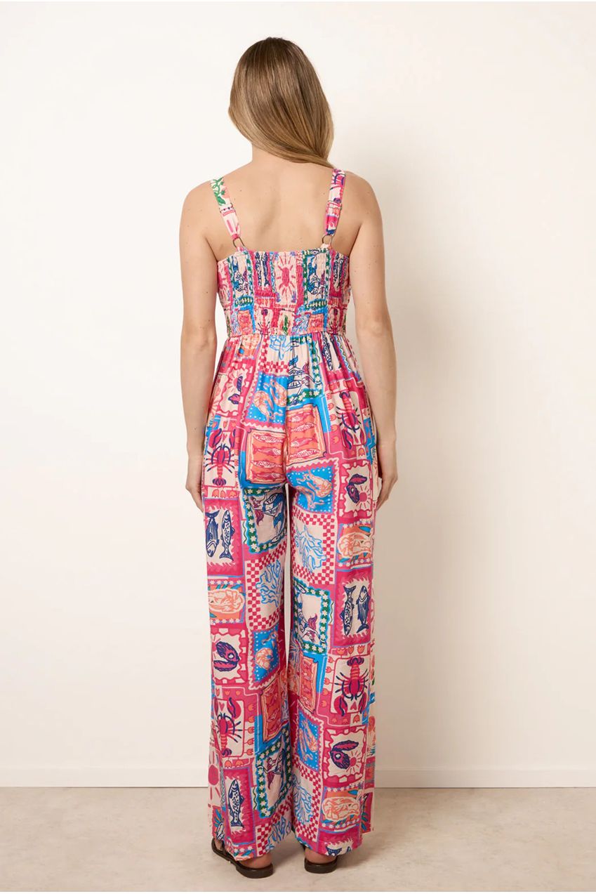 Tie Front Jumpsuit In Postcard Print BV269993020