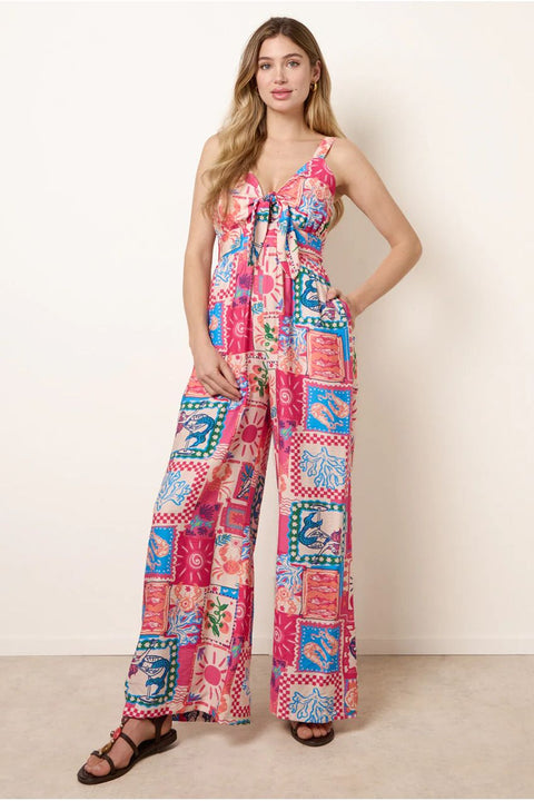 Tie Front Jumpsuit In Postcard Print by Blue Vanilla