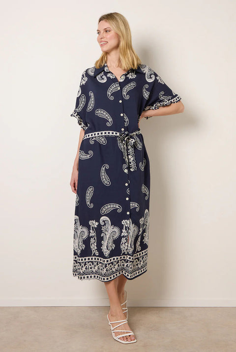 Paisley Print Belted Shirt Dress by Blue Vanilla