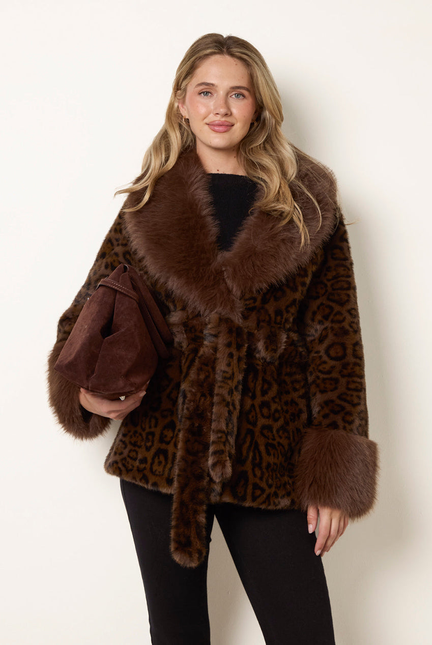 Leopard Plush Faux Fur Belted Coat BV4002025