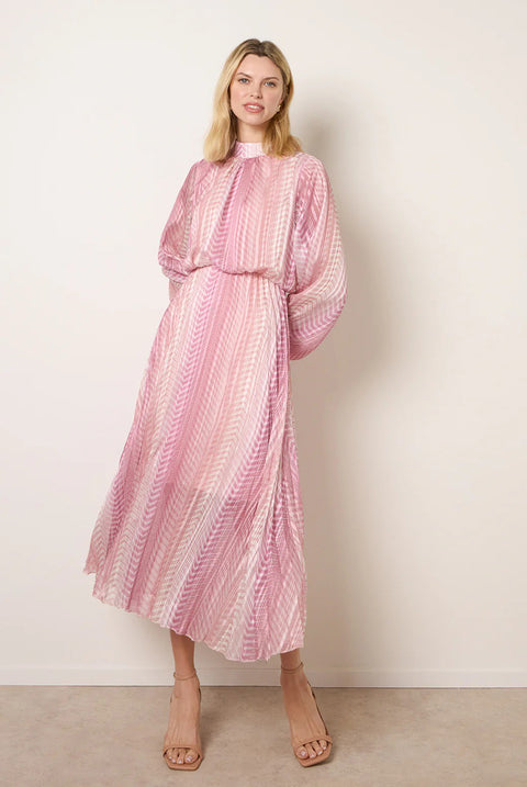 Zig Zag Metallic High Neck Puffball Pleated Dress by Blue Vanilla