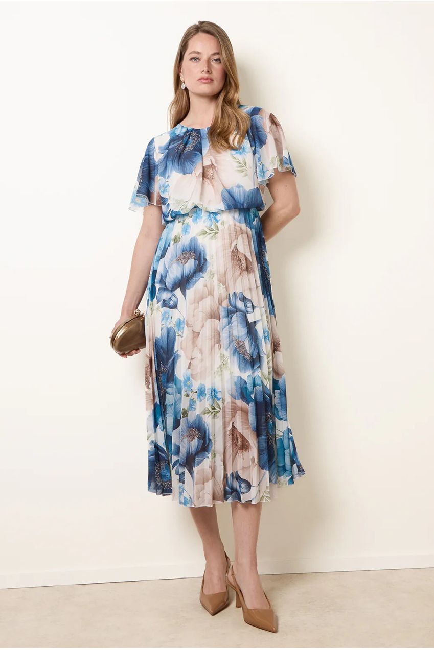 Pleated Scoop Neck Short Sleeve Floral Dress BV6255IT002