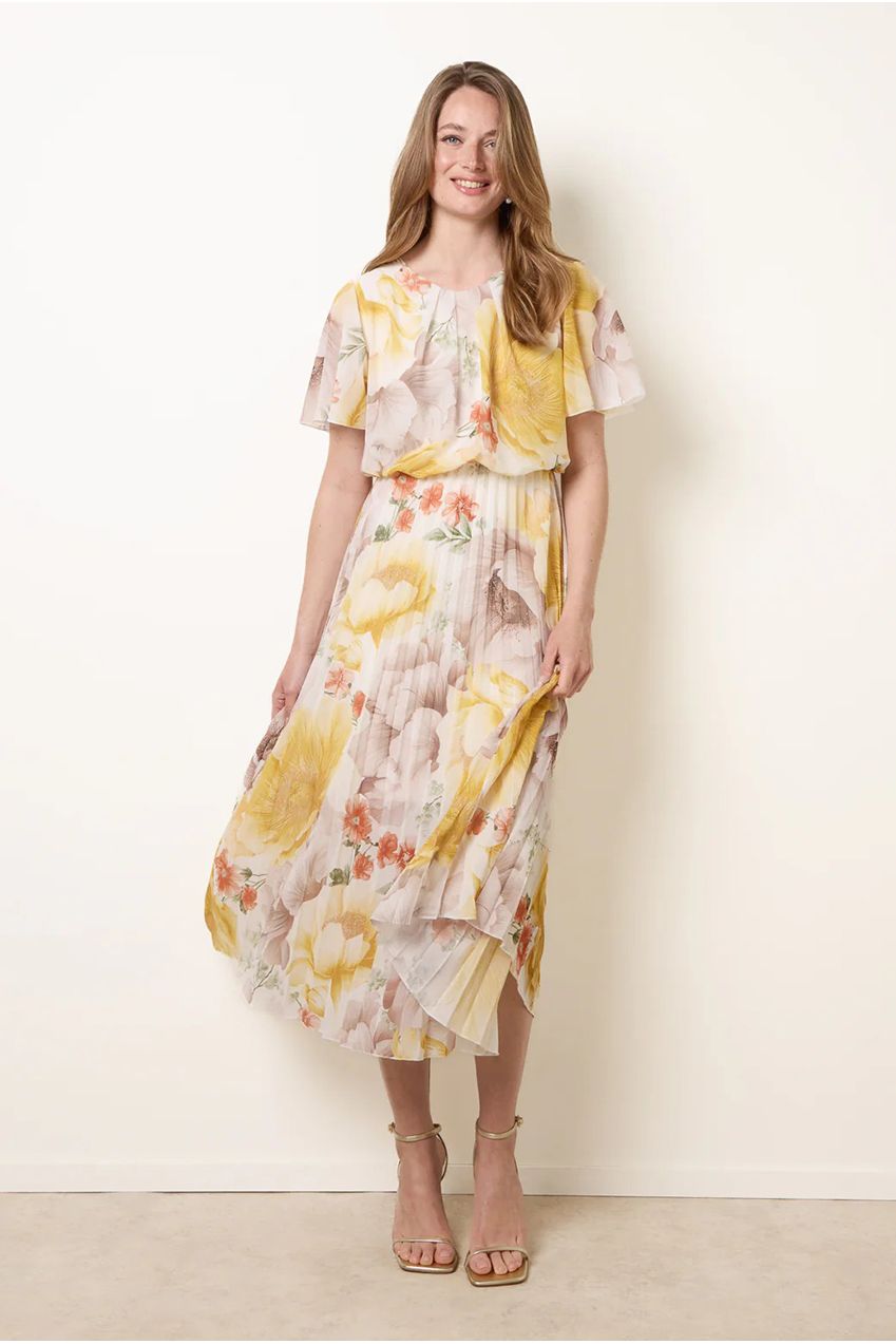 Pleated Scoop Neck Short Sleeve Floral Dress BV6255IT178