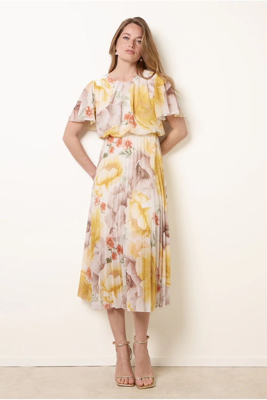 Pleated Scoop Neck Short Sleeve Floral Dress BV6255IT178