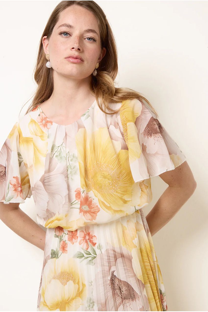 Pleated Scoop Neck Short Sleeve Floral Dress BV6255IT178