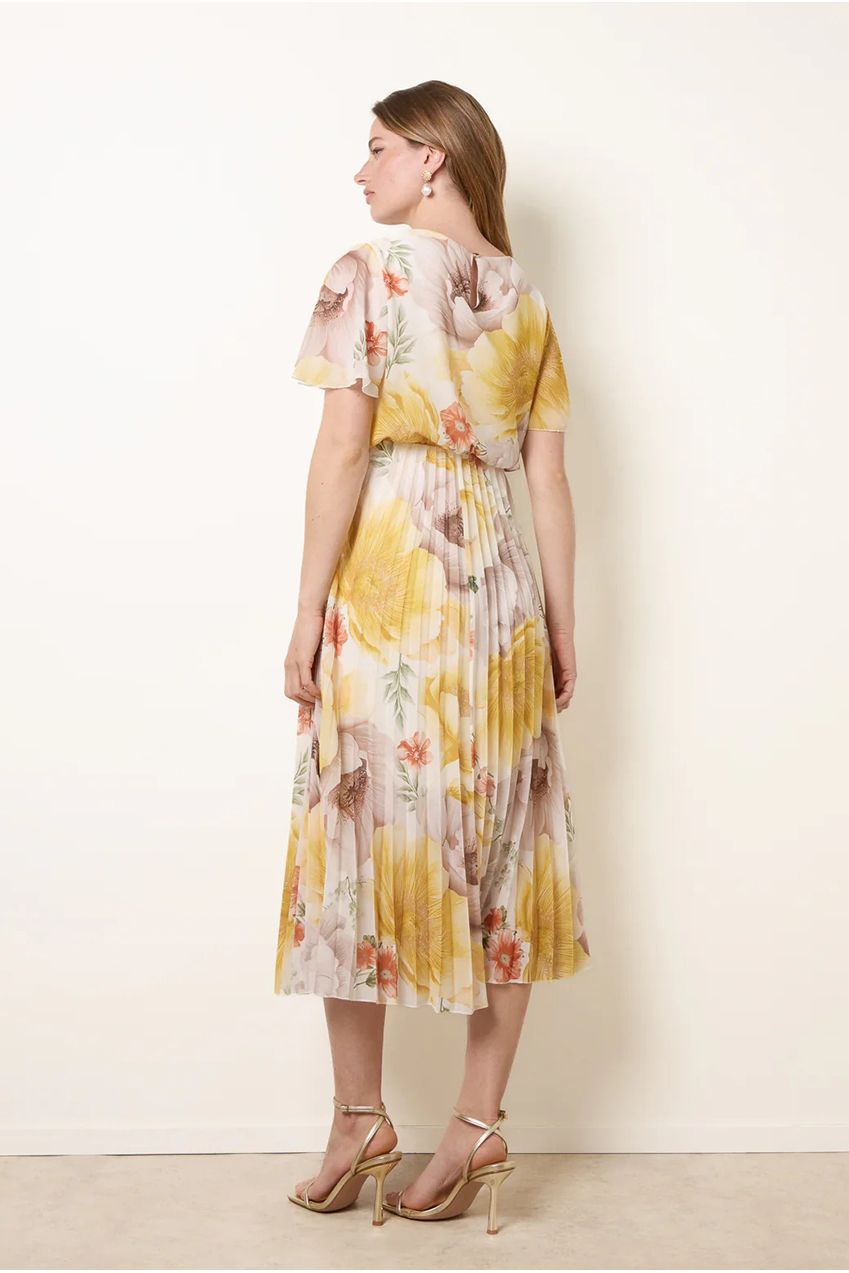 Pleated Scoop Neck Short Sleeve Floral Dress BV6255IT178