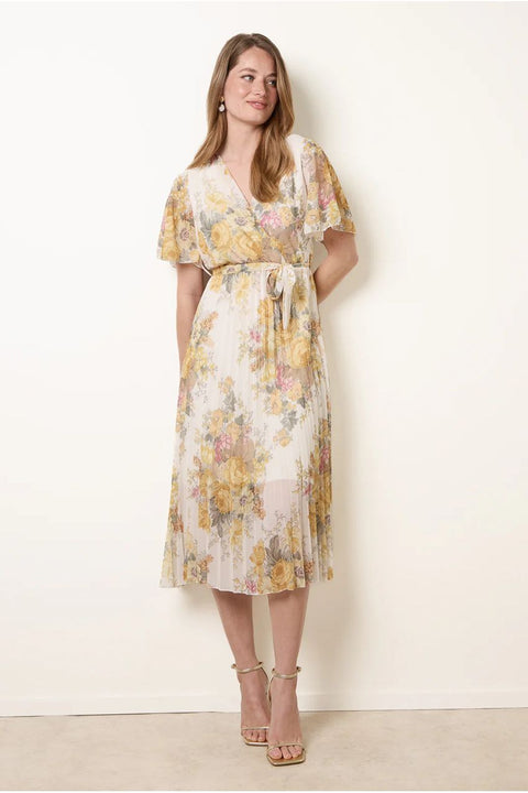 Crossover Pleated Print Dress by Blue Vanilla